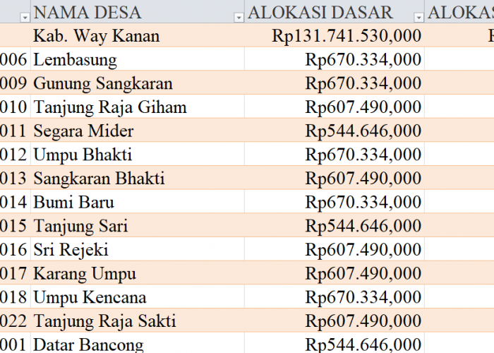 Tabel Rincian Dana Desa 2024 Kabupaten Way Kanan, Lampung: Ini Lengkapnya