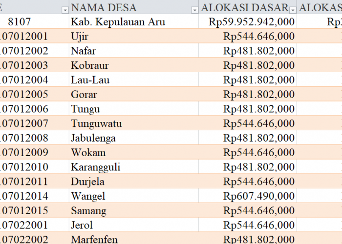 Tabel Rincian Dana Desa 2024 Kabupaten Kepulauan Aru, Maluku: Ini Lengkapnya