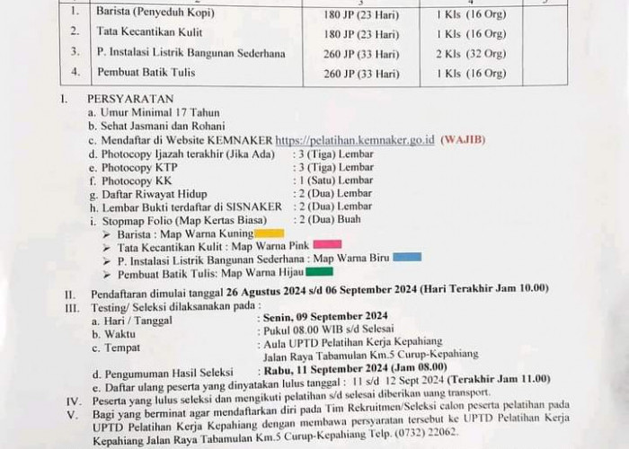 UPTD Pelatihan Kerja Kepahiang Kembali Buka Pelatihan Gratis, Begini Persyaratannya!