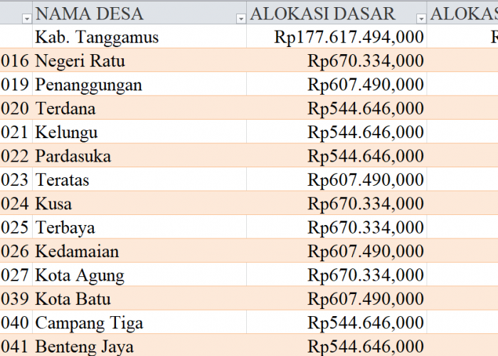 Tabel Rincian Dana Desa 2024 Kabupaten Tanggamus, Lampung: Ini Lengkapnya