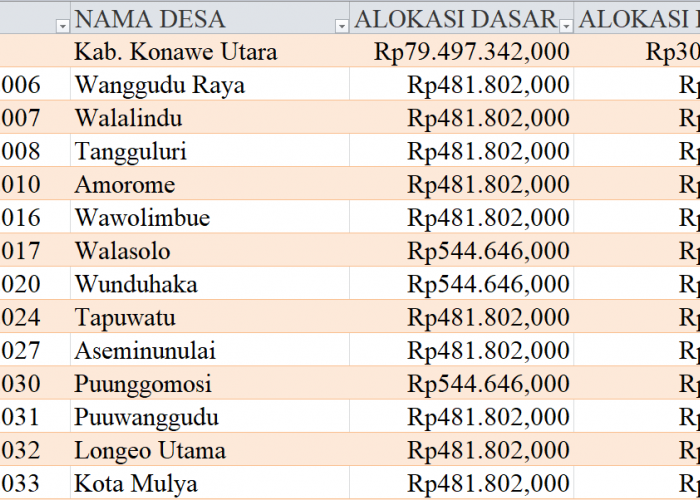 Tabel Rincian Dana Desa 2024 Kabupaten Konawe Utara, Sulawesi Tenggara: Ini Lengkapnya
