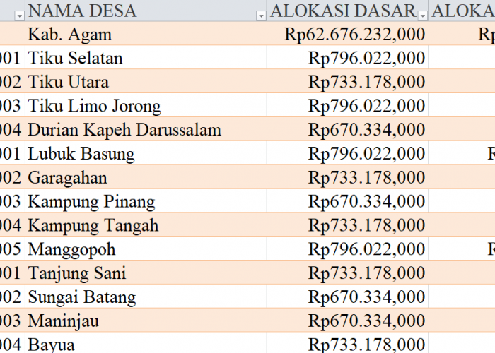 Tabel Rincian Dana Desa 2024 Kabupaten Agam, Sumatera Barat: Ini Lengkapnya