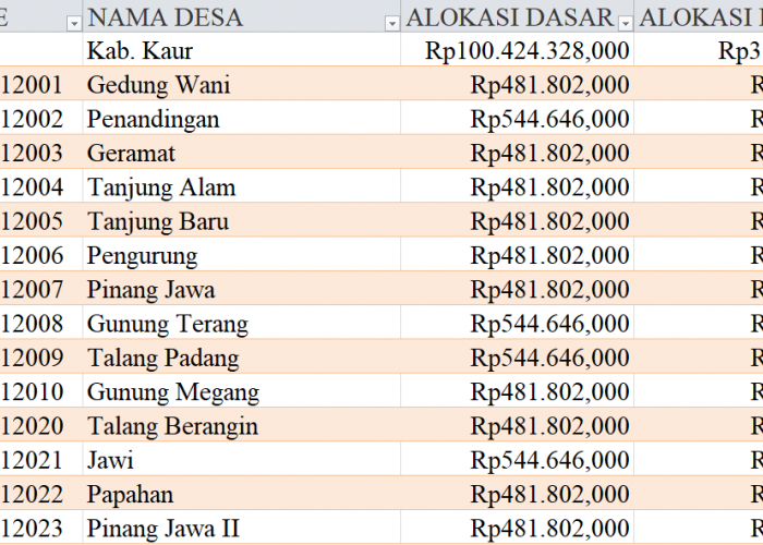 Tabel Dana Desa 2024 Kabupaten Kaur, Bengkulu: Simak Rinciannya di Sini