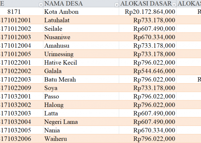 Tabel Rincian Dana Desa 2024 Kota Ambon, Maluku: Ini Lengkapnya