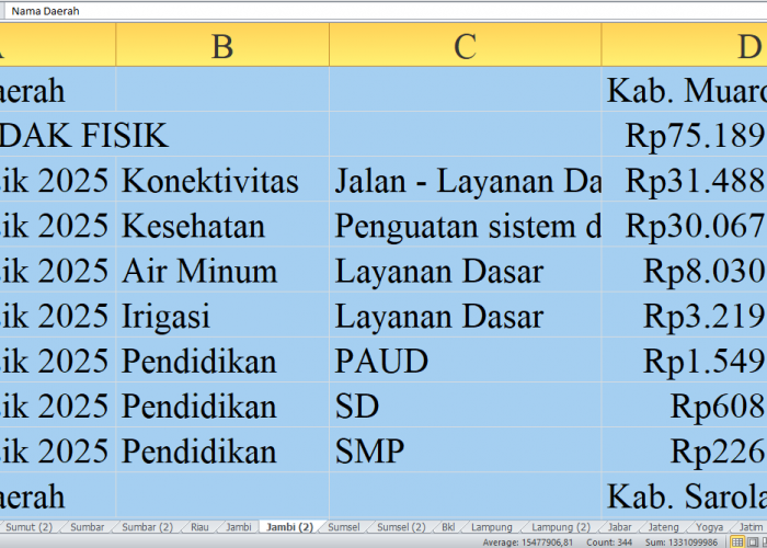 Rincian Pagu Dana DAK Fisik 2025 untuk Kabupaten Muaro Jambi, Sarolangun, dan Tanjung Jabung Barat