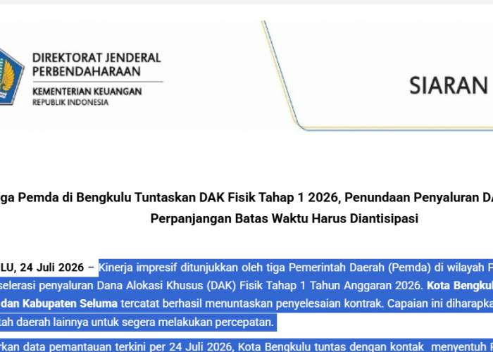 3 Daerah di Bengkulu Tercepat Salurkan DAK Fisik 2026, DJPb Ingatkan Jangan Terlena Relaksasi