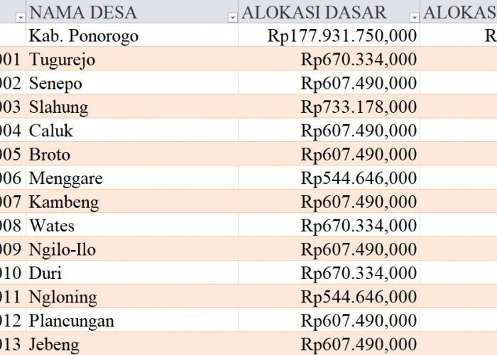 Tabel Dana Desa 2024 Kabupaten Ponorogo, Jawa Timur: Simak Rinciannya di Sini