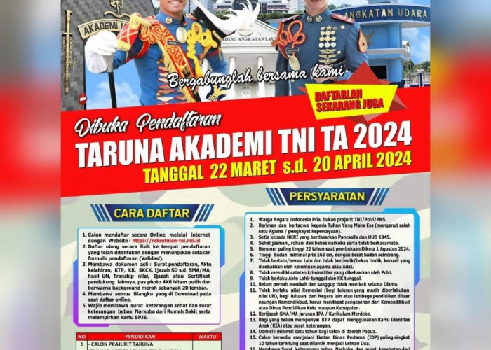 Kabar Gembira! Pendaftaran Taruna Akademi TNI 2024 Sudah Dibuka, Begini Caranya
