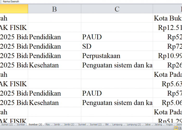 Rincian Pagu Dana DAK Fisik 2025 Sumatera Barat: Kota Bukittinggi, Padang Panjang, dan Padang