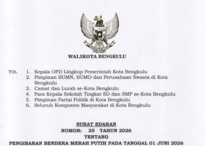 Hari Lahir Pancasila 2026, Pemkot Bengkulu Ajak Warga Kibarkan Merah Putih di Seluruh Wilayah Kota