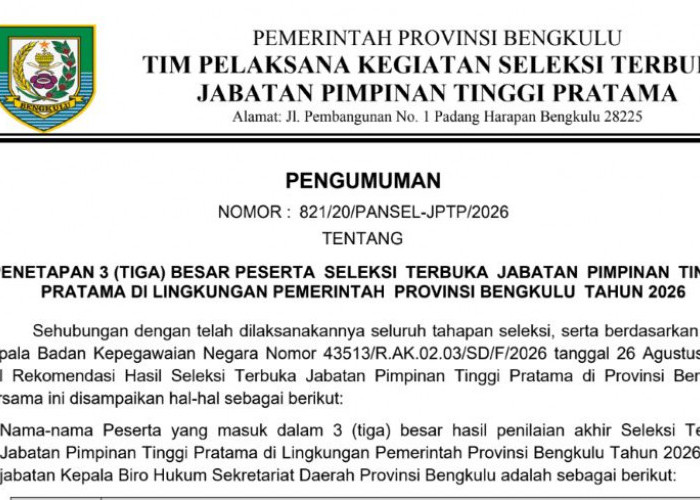 3 Nama Berebut Kursi Kepala Biro Hukum Pemprov Bengkulu, Siapa yang Lolos?