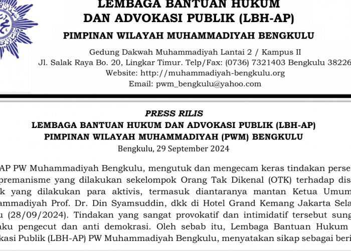 LBH-AP Muhammadiyah Bengkulu Mengecam Keras Tindakan Persekusi Terhadap Diskusi Publik