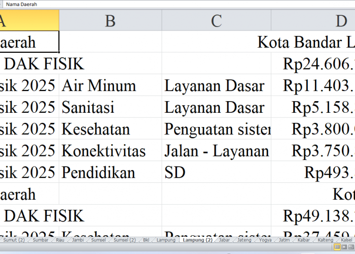 Rincian Pagu Dana DAK Fisik 2025 untuk Lampung: Kota Bandar Lampung, Kota Metro, Pesawaran, dan Way Kanan