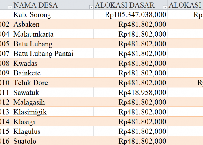 Tabel Rincian Dana Desa 2024 Kabupaten Sorong, Papua Barat Daya: Ini Lengkapnya