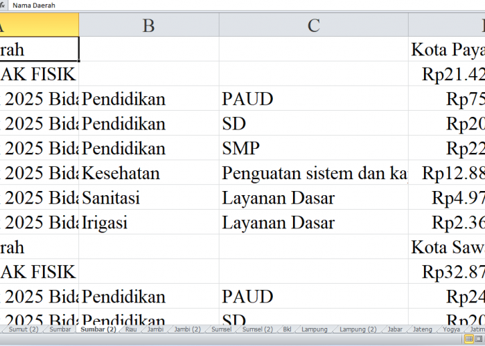 Rincian Pagu Dana DAK Fisik 2025 untuk Kota Payakumbuh, Sawahlunto, dan Solok di Sumatera Barat