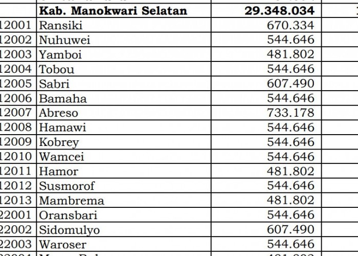 Dana Desa Tiap Desa 2024 di Manokwari Selatan, Papua Barat: 12 Desa 1 Miliar