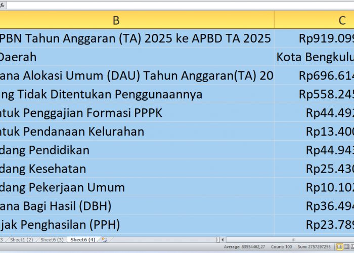 Kota Bengkulu Dapat Rp919,09 Miliar dari APBN 2025: Ini Alokasi Proyek Fisik di APBD 2025