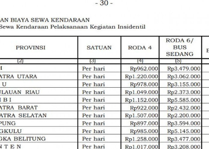 Tarif Sewa Mobil Dinas Harian 2026 Resmi Diatur, Bengkulu Rp985 Ribu Papua Pegunungan Tertinggi