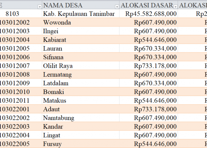 Tabel Rincian Dana Desa 2024 Kabupaten Kepulauan Tanimbar, Maluku: Ini Lengkapnya