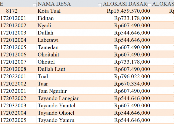 Tabel Rincian Dana Desa 2024 Kota Tual, Maluku: Ini Lengkapnya