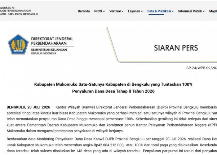 Mukomuko Jadi Satu-satunya Daerah di Bengkulu yang Tuntaskan Penyaluran Dana Desa 100 Persen